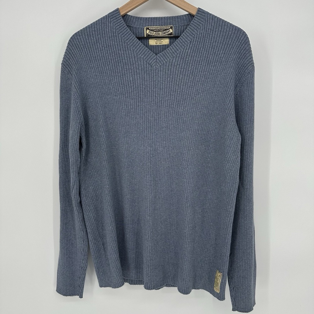 VTG Polo Jeans Company Ralph Lauren V Neck Sweater Ribbed Knit Blue Cotton Large